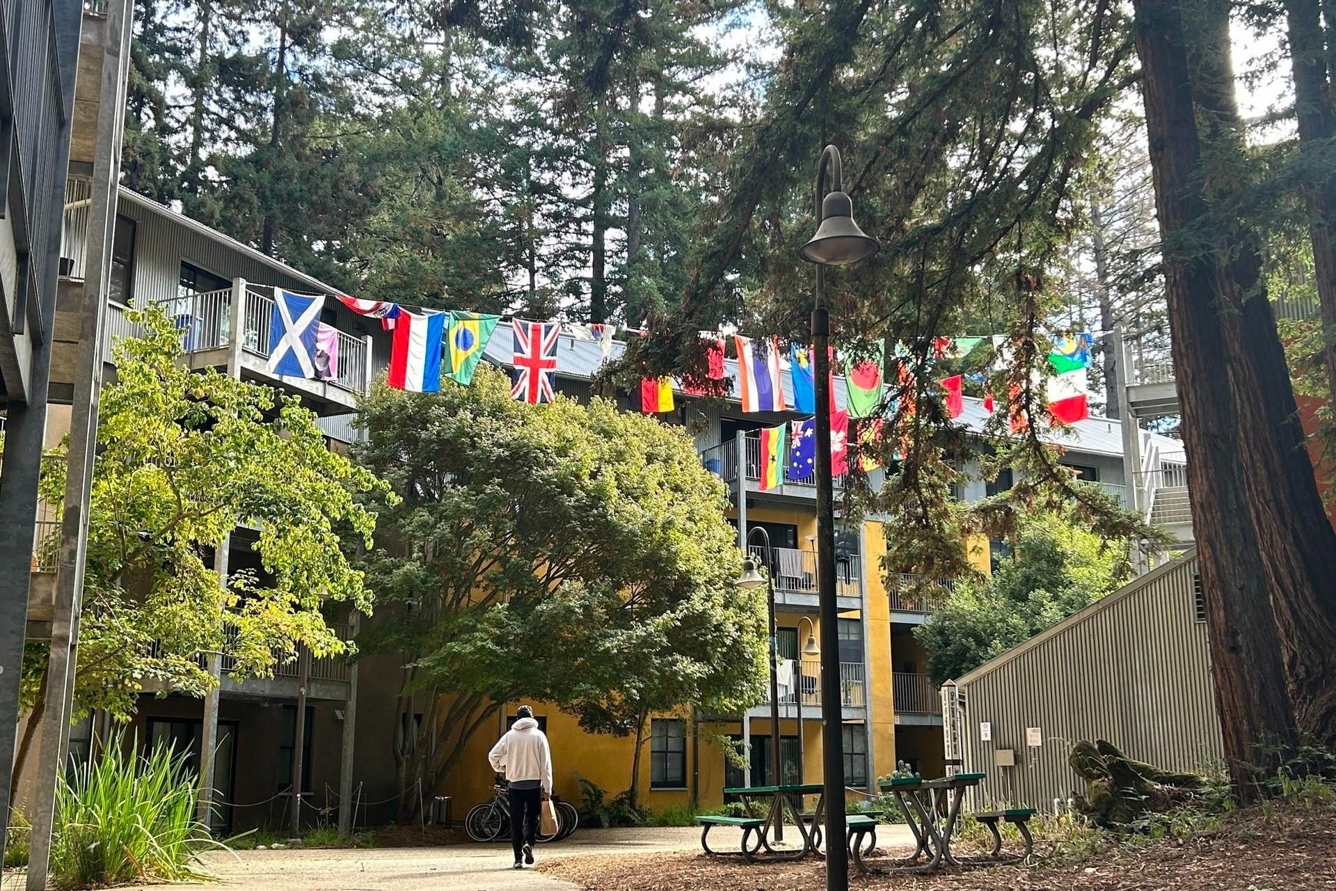 UCSC College 9 with strings of flags from various countries around the world.